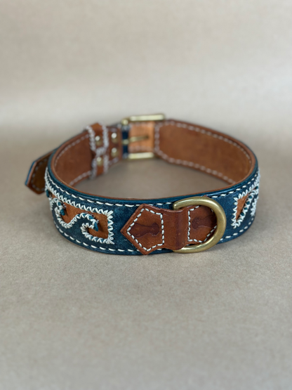 Collare per Cani Blu Navy in Pelle Pieno Fiore e Ottone Massiccio – Fatto a Mano in Italia