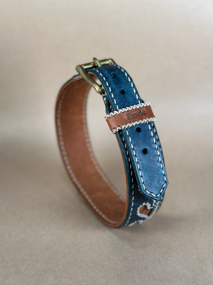 Collare per Cani Blu Navy in Pelle Pieno Fiore e Ottone Massiccio – Fatto a Mano in Italia