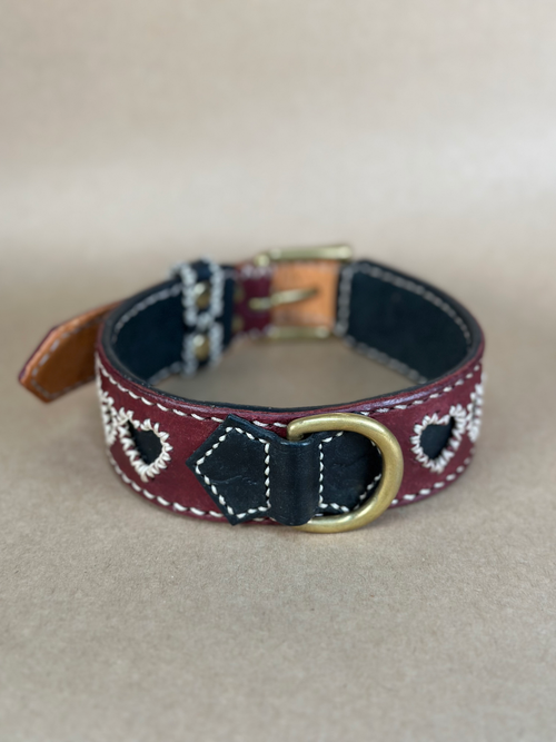Collare per Cani Borgogna e Nero in Pelle Pieno Fiore