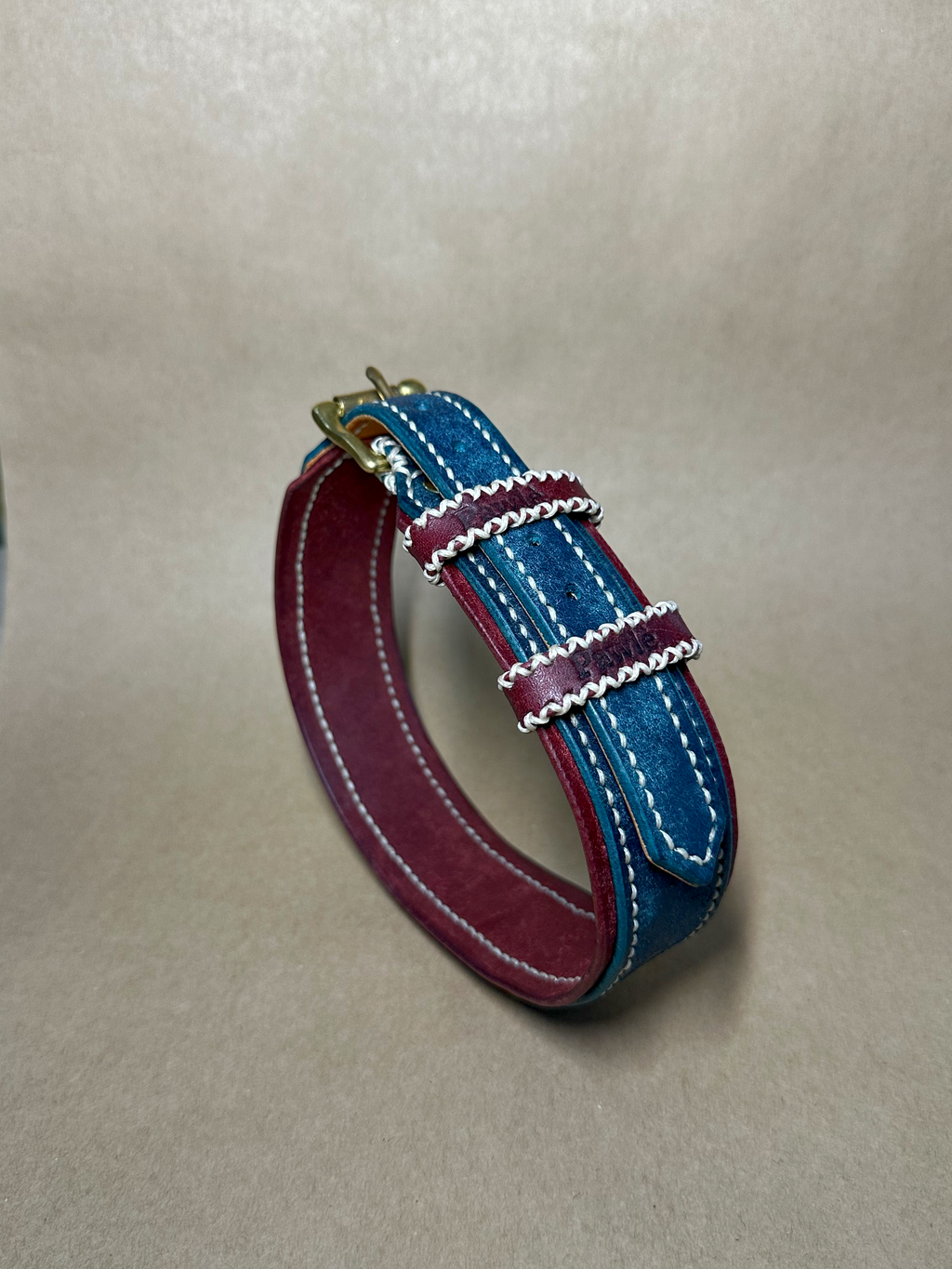 Collare per Cani Blu Navy e Borgogna in Pelle Pieno Fiore