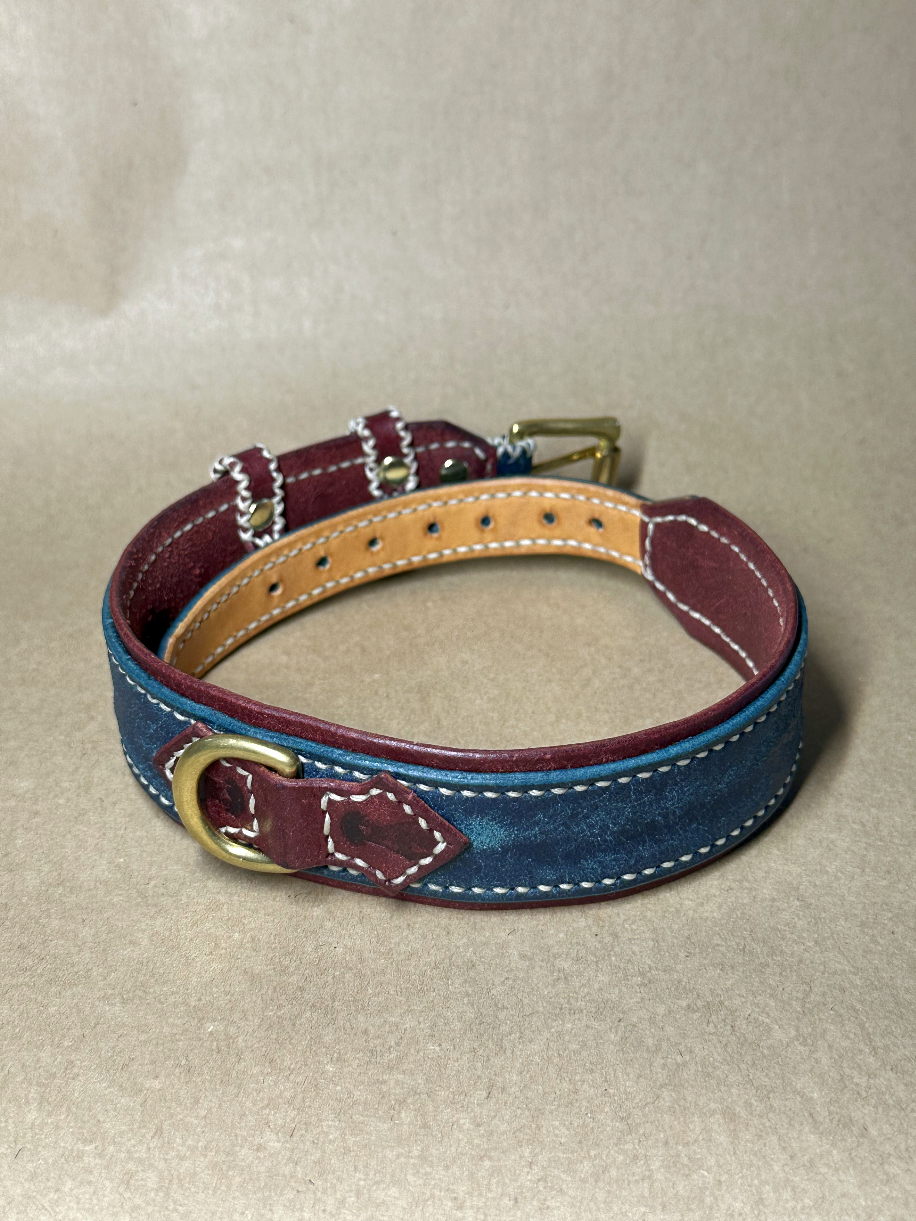 Collare per Cani Blu Navy e Borgogna in Pelle Pieno Fiore