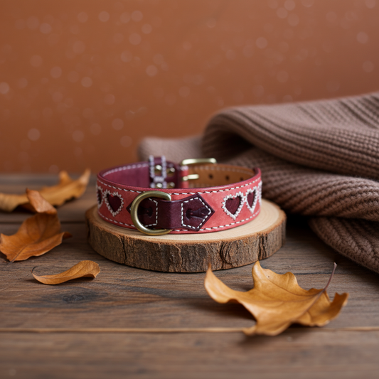 Collare per Cani Rosa Antico in Pelle Pieno Fiore e Ottone – Fatto a Mano in Italia