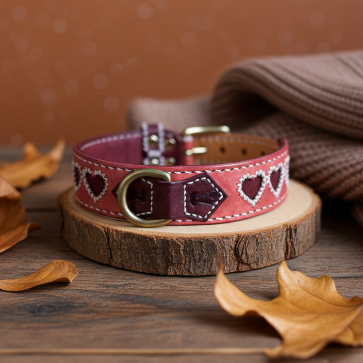 Collare per Cani Rosa Antico in Pelle Pieno Fiore