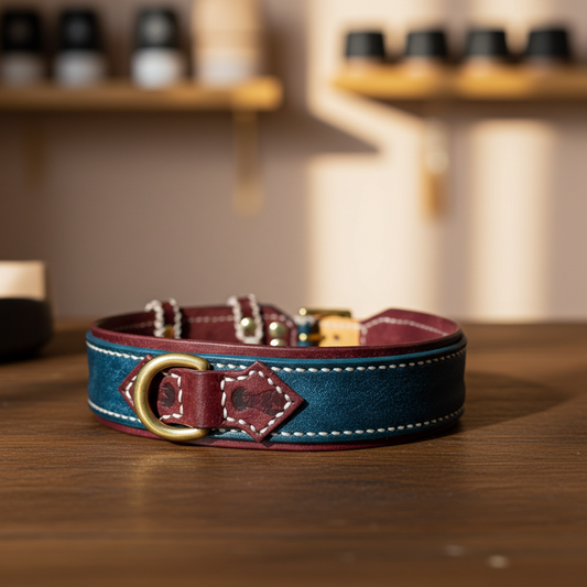 Collare per Cani Blu Navy e Borgogna in Pelle Pieno Fiore e Ottone – Fatto a Mano in Italia