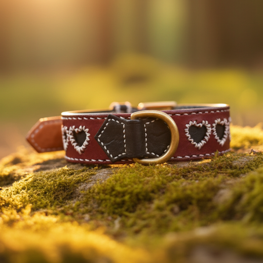 Collare per Cani Borgogna e Nero in Pelle Pieno Fiore e Ottone – Fatto a Mano in Italia