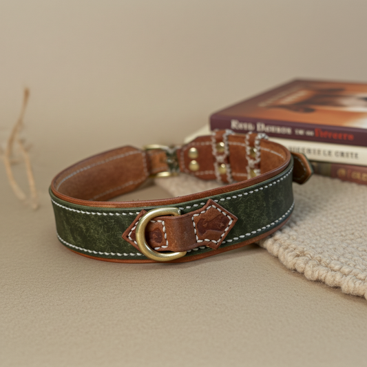 Collare per Cani Verde Olivo e Marrone in Pelle Pieno Fiore e Ottone – Fatto a Mano in Italia