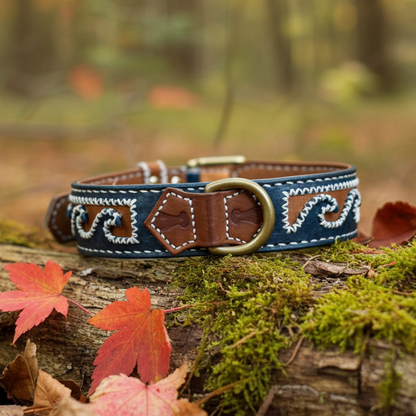 Collare per Cani Blu Navy in Pelle Pieno Fiore e Ottone Massiccio – Fatto a Mano in Italia